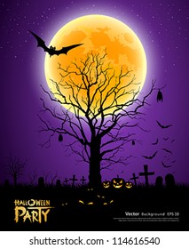 Halloween tree full moon background, vector illustration