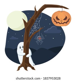 Halloween tree with ghost and scary pumpkin. Spider with spiderweb on a tree on dark background with moon and stars. Vector flat illustration. 