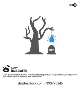 Halloween Tree, grave and spider icon. Halloween Gray and Blue Icons. simple minimal, flat, solid, mono, monochrome, plain, contemporary style. Vector illustration web internet design elements