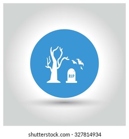 Halloween tree in grave yard and bats flying. Halloween pictogram elements collection.  Halloween Party Day World wide celebrated on October 31. Vector illustration web internet design elements