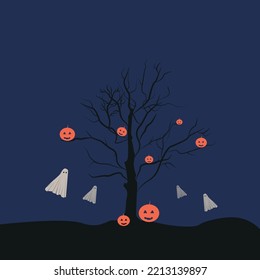 Halloween tree, holiday, the scary tree with a flying ghost, evil pumpkin, orange evil pumpkin, Halloween illustration.

