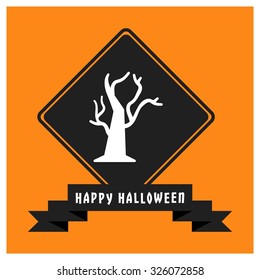 Halloween tree icon. Black Happy Halloween Ribbon Banner on Orange background. Vector illustration