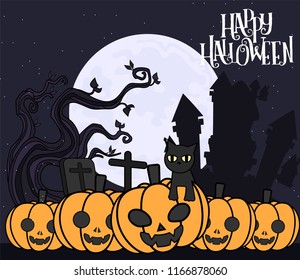 Halloween Tree and moon object with Vectors cartoon illustration, Trick or Treat Concept. Vectors for Halloween day with copy space for text.
