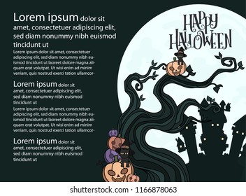 Halloween Tree and moon object with Vectors cartoon illustration, Trick or Treat Concept. Vectors for Halloween day with copy space for text.
