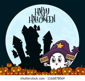 Halloween Tree and moon object with Vectors cartoon illustration, Trick or Treat Concept. Vectors for Halloween day with copy space for text.
