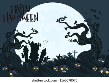 Halloween Tree and moon object with Vectors cartoon illustration, Trick or Treat Concept. Vectors for Halloween day with copy space for text.
