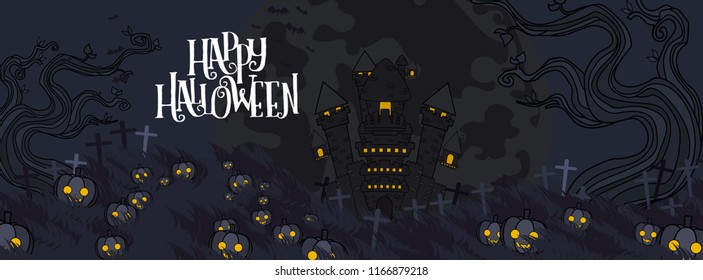 Halloween Tree and moon object with Vectors cartoon illustration, Trick or Treat Concept. Vectors for Halloween day cover website with copy space for text.
