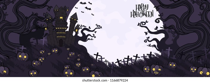 Halloween Tree and moon object with Vectors cartoon illustration, Trick or Treat Concept. Vectors for Halloween day cover website with copy space for text.
