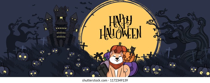 Halloween Tree and moon object with Vectors cartoon illustration, Trick or Treat Concept. Vectors for Halloween day cover website with copy space for text,Cute shiba Inu Concept design. 
