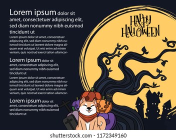 Halloween Tree and moon object with Vectors cartoon illustration, Trick or Treat Concept. Vectors for Halloween day cover website with copy space for text,Cute shiba Inu Concept design. 
