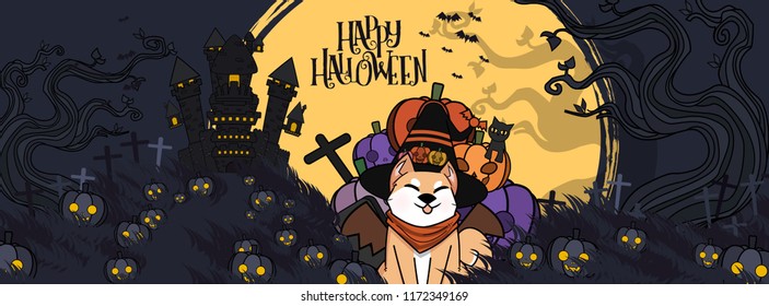 Halloween Tree and moon object with Vectors cartoon illustration, Trick or Treat Concept. Vectors for Halloween day cover website with copy space for text,Cute shiba Inu Concept design. 
