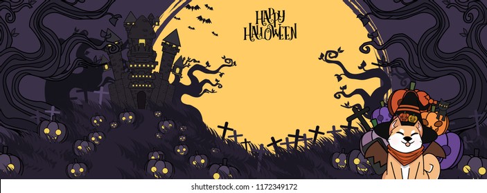 Halloween Tree and moon object with Vectors cartoon illustration, Trick or Treat Concept. Vectors for Halloween day cover website with copy space for text,Cute shiba Inu Concept design. 
