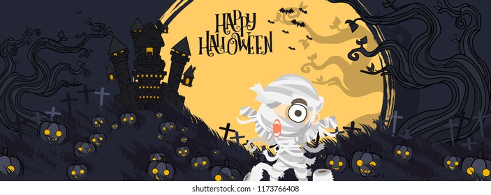 Halloween Tree and moon object with Vectors cartoon illustration, Trick or Treat Concept. Vectors for Halloween day cover website with copy space for text,Cute Mummy Concept design.
