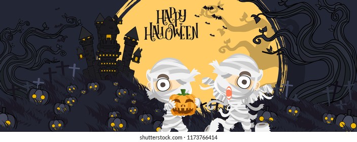 Halloween Tree and moon object with Vectors cartoon illustration, Trick or Treat Concept. Vectors for Halloween day cover website with copy space for text,Cute Mummy Concept design.
