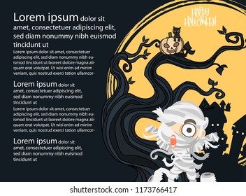 Halloween Tree and moon object with Vectors cartoon illustration, Trick or Treat Concept. Vectors for Halloween day cover website with copy space for text,Cute Mummy Concept design.
