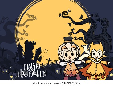 Halloween Tree and moon object with Vectors cartoon illustration, Trick or Treat Concept. Vectors for Halloween day cover website with copy space for text,Cute shiba Inu Concept design.
