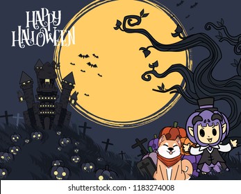 Halloween Tree and moon object with Vectors cartoon illustration, Trick or Treat Concept. Vectors for Halloween day cover website with copy space for text,Cute shiba Inu Concept design.
