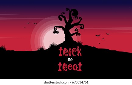 Halloween tree on red moon background vector illustration