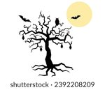 Halloween tree with owl and bats and the full moon silhouette illustration vector in cartoon style on white background. Halloween element. Halloween concept.