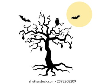 Árbol de Halloween con búho y murciélagos y el vector de la silueta luna llena en estilo de dibujos animados sobre fondo blanco. elemento Halloween. Concepto de Halloween.