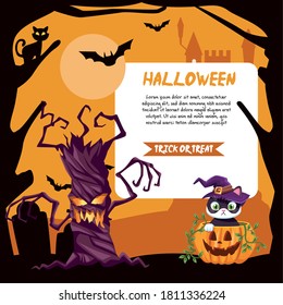 Halloween tree pumpkin with cat cartoons and banner design, Holiday and scary theme Vector illustration