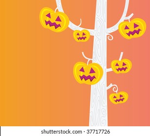 Halloween tree. Pumpkin – head tree. Halloween party now begin!  Vector Illustration.