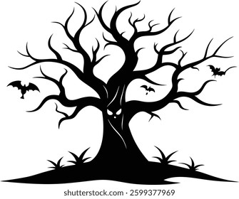 Halloween Tree with Pumpkin Scenery Vector Illustration, Halloween tree silhouette vector design