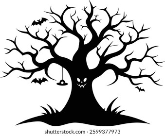 Halloween Tree with Pumpkin Scenery Vector Illustration, Halloween tree silhouette vector design