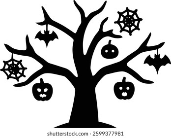 Halloween Tree with Pumpkin Scenery Vector Illustration, Halloween tree silhouette vector design
