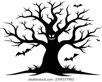 Halloween Tree with Pumpkin Scenery Vector Illustration, Halloween tree silhouette vector design