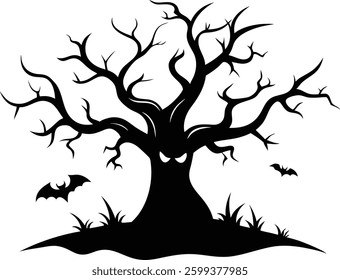 Halloween Tree with Pumpkin Scenery Vector Illustration, Halloween tree silhouette vector design