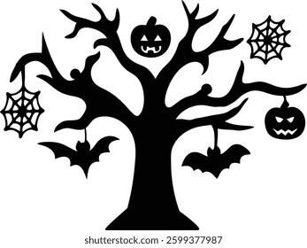 Halloween Tree with Pumpkin Scenery Vector Illustration, Halloween tree silhouette vector design