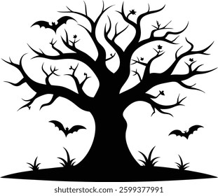 Halloween Tree with Pumpkin Scenery Vector Illustration, Halloween tree silhouette vector design