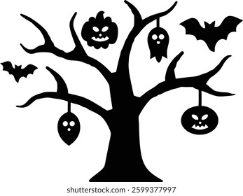 Halloween Tree with Pumpkin Scenery Vector Illustration, Halloween tree silhouette vector design