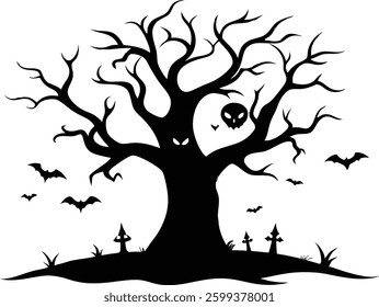 Halloween Tree with Pumpkin Scenery Vector Illustration, Halloween tree silhouette vector design