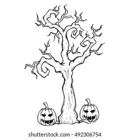 halloween tree and pumpkin with spooky face using hand drawing style