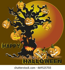 Halloween tree with pumpkin vector illustration
Party invitation or greeting card picture black halloween tree with pumpkin greeting inscription