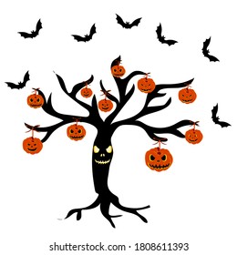 Halloween. Tree with pumpkins and bats, vector image