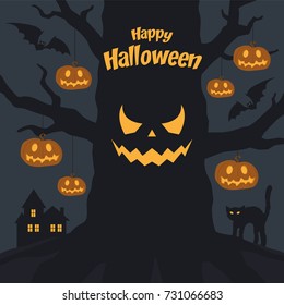 Halloween tree with pumpkins. Night background. Vector illustration.