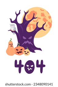 Halloween tree with scary pumpkins, full moon error 404 flash message. Spooky forest. Empty state ui design. Page not found popup cartoon image. Vector flat illustration concept on white background