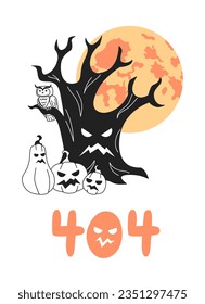 Halloween tree with scary pumpkins, full moon black white error 404 flash message. Monochrome empty state ui design. Page not found popup cartoon image. Vector flat outline illustration concept