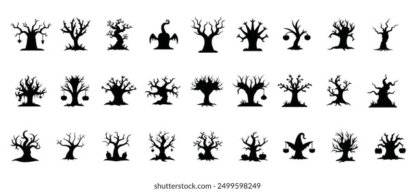 Árbol de Halloween conjunto Ilustración vectorial. Silueta de un árbol aislado. Silueta de árboles espeluznantes colección de Halloween