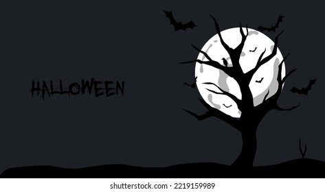 halloween tree silhouette tree and bat silhouette against full moon light at night, halloween background vector illustration