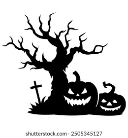 The Halloween tree silhouette design includes a pumpkin ghost.