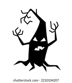 Halloween tree silhouette. Mysticism, imagination and fantasy. Terrible plant trying to scare. Graphic element for printing on fabric, poster or banner for website. Cartoon flat vector illustration