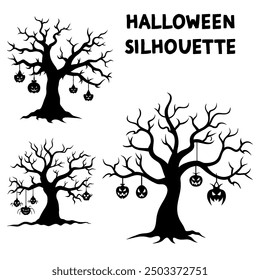 Halloween tree silhouette on a white backdrop.