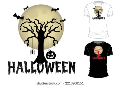 Halloween tree silhouette with pumpkin, bats and spider black and white t-shirt