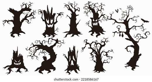 halloween tree silhouette. scary tree in black and white set icon vector illustration EPS10