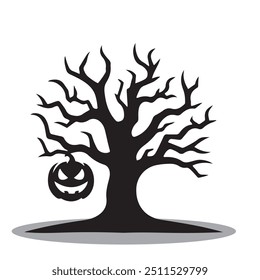 Halloween Tree Silhouette, Spooky Vector on Isolated White Background. Creepy tree Silhouette for Halloween. Eerie and Dark Halloween tree.