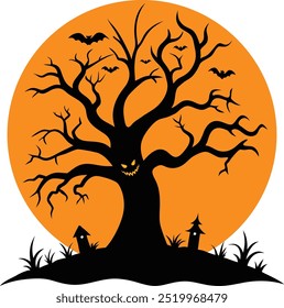 Ilustración de Arte vectorial de silueta de árbol de Halloween sobre fondo blanco.